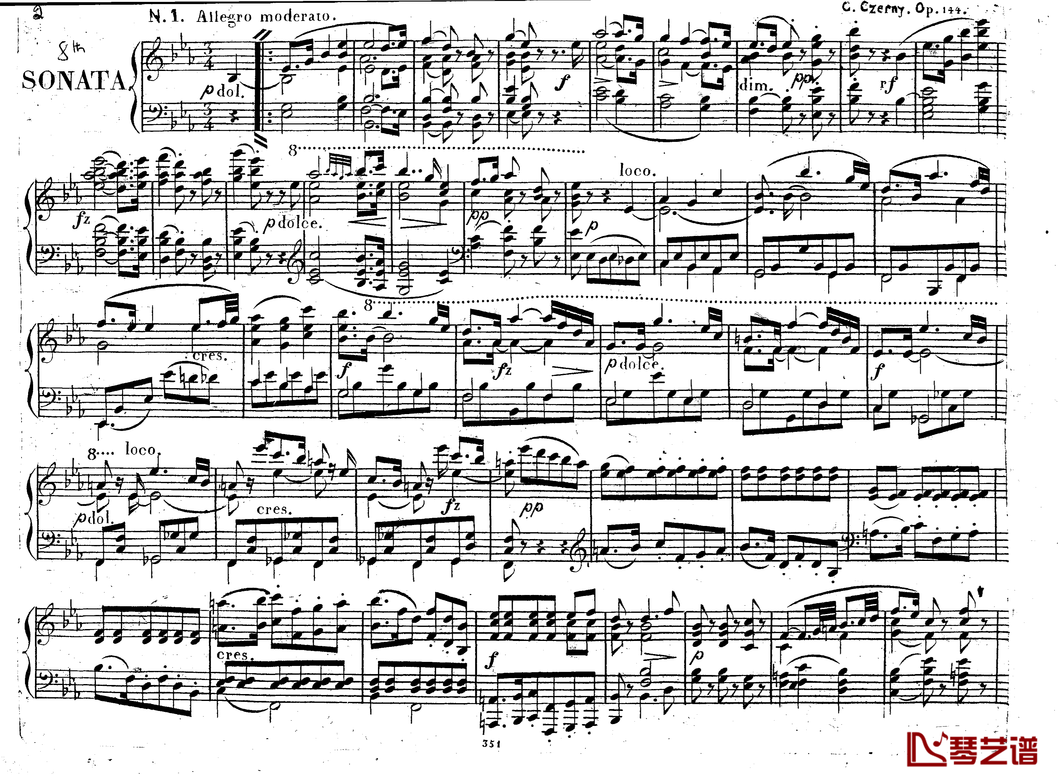 降E大调第八钢琴奏鸣曲 Op.144钢琴谱-车尔尼-Czerny